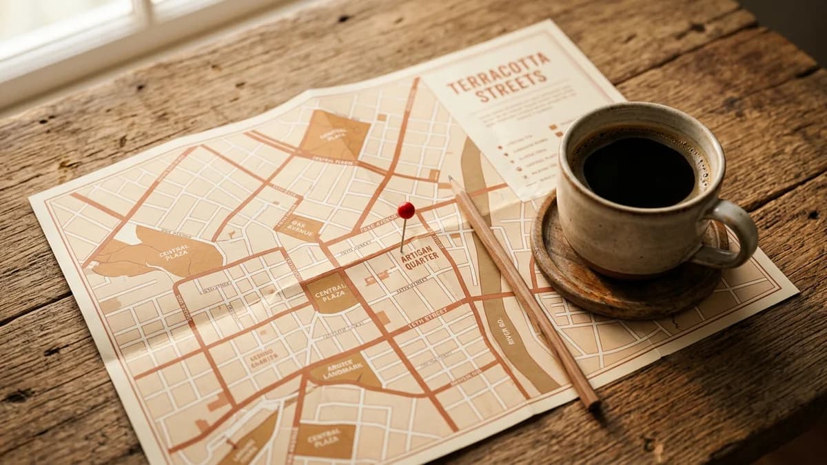 Alfinete de mapa vermelho fincado sobre um mapa de papel de cidade em tons quentes, ao lado de uma xícara de café, representando a empresa local encontrada no mapa do Google