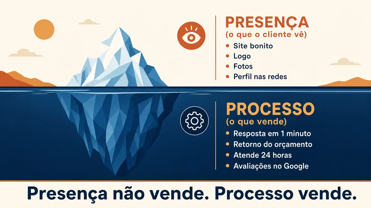 Diagrama em forma de iceberg: acima da linha d'água está a presença visível ao cliente (site bonito, logo, fotos, perfil), e abaixo, submersa e maior, está o processo que decide a venda (resposta em 1 minuto, retorno do orçamento, organização do atendimento), com a frase "presença não vende, processo vende"